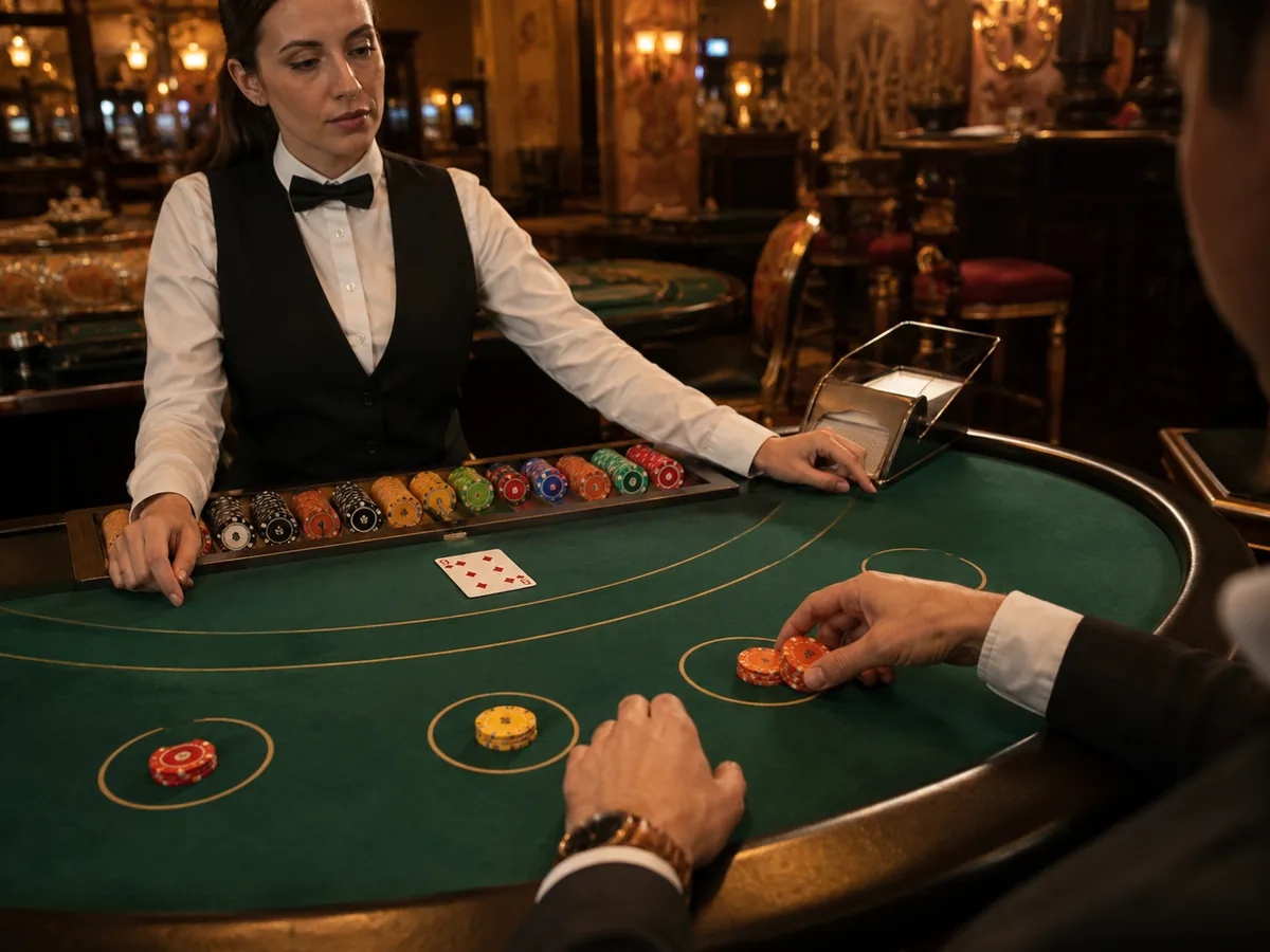High-quality Double Attack Blackjack casino table scene with visible dealer upcard and player placing an extra wager