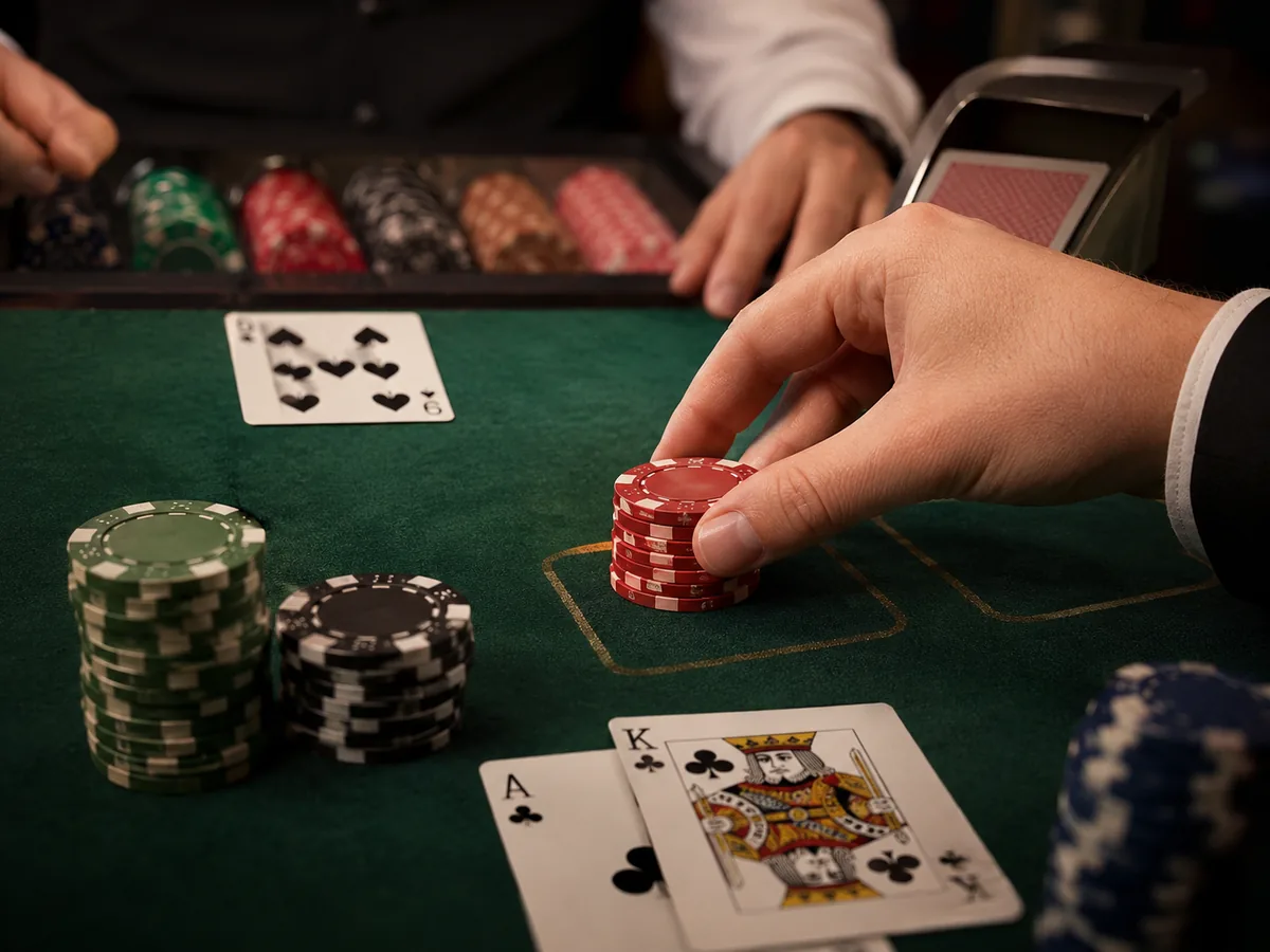 Close-up Double Attack Blackjack scene with cards, chips and a second wager after the dealer upcard is shown