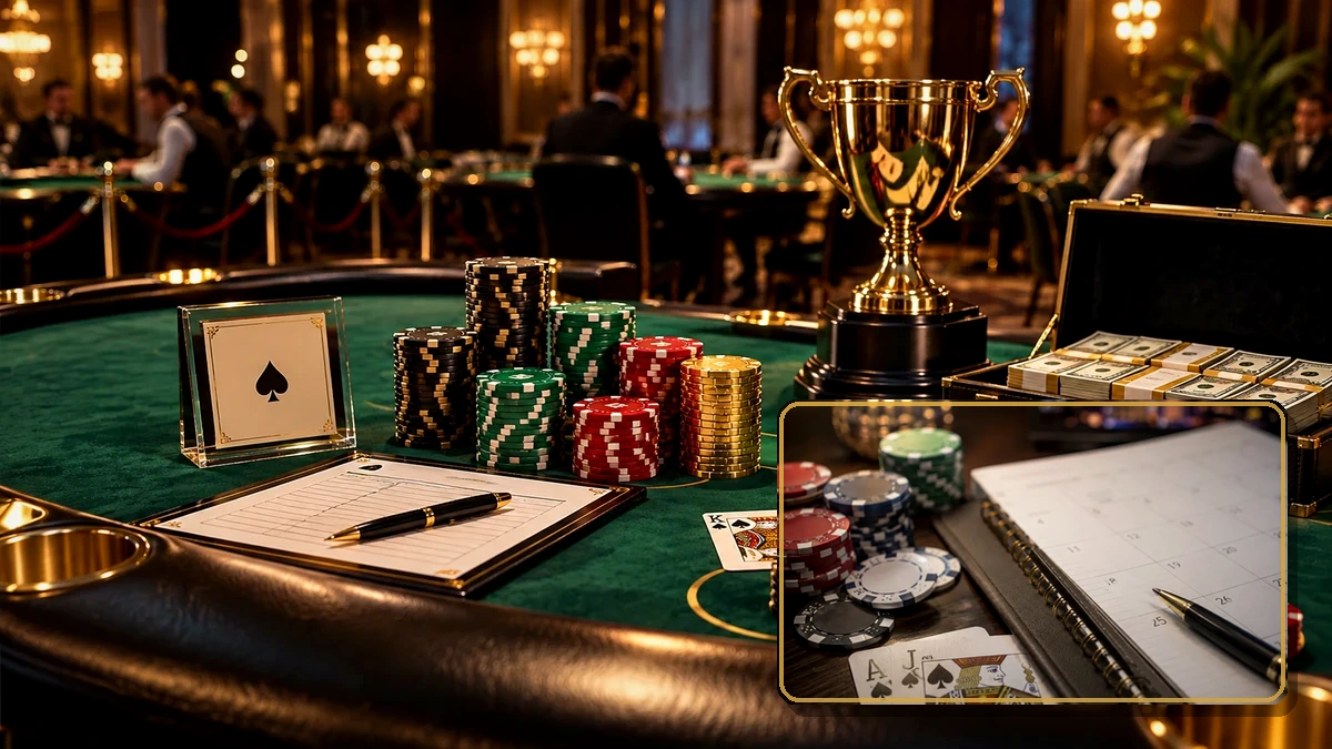 Blackjack tournament chips, prize setup and planning notebook for bankroll management