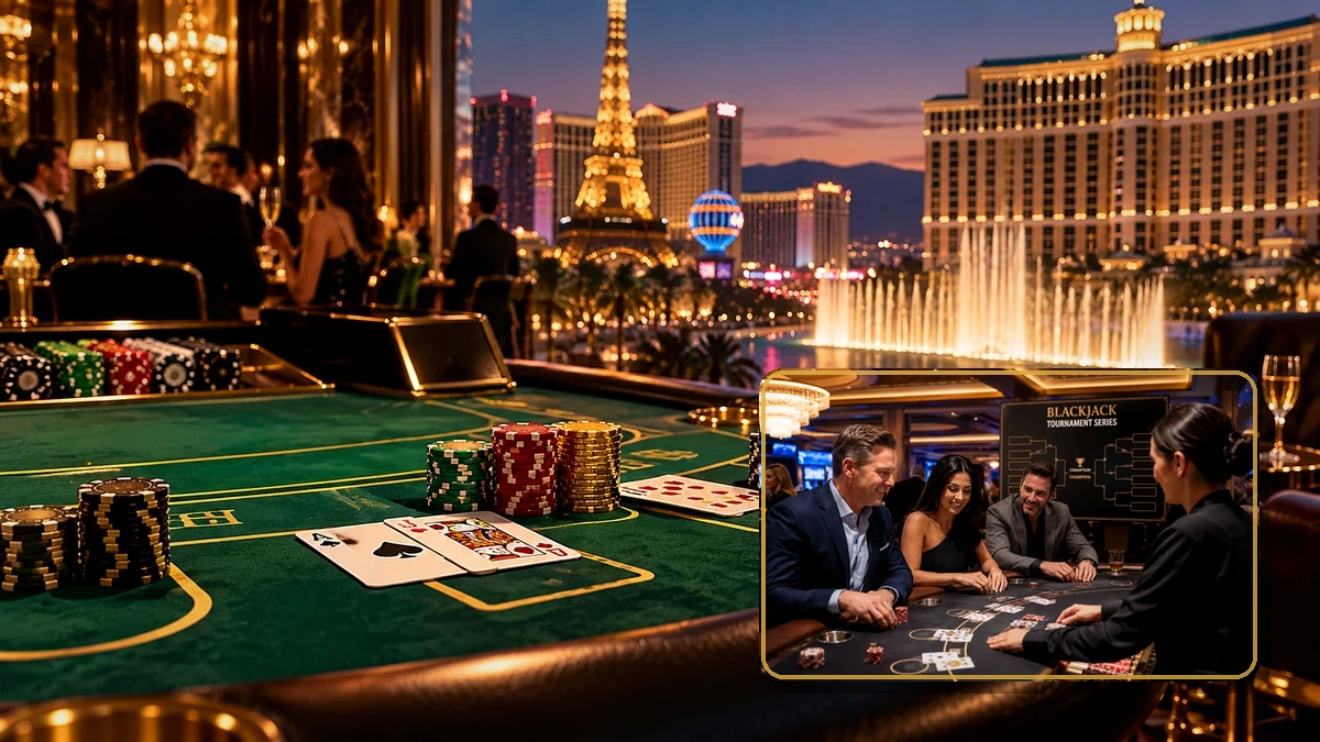 Las Vegas blackjack tournament setting representing the path from local events to professional play