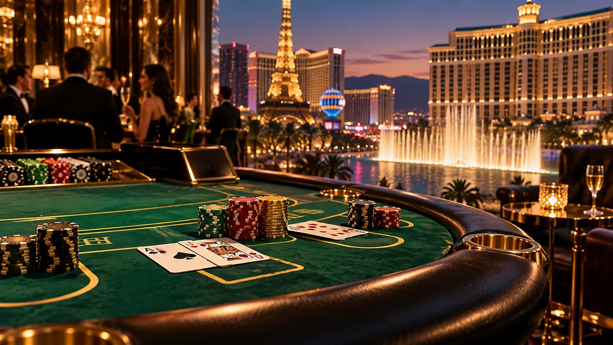 Blackjack tournament table overlooking the Las Vegas Strip at night