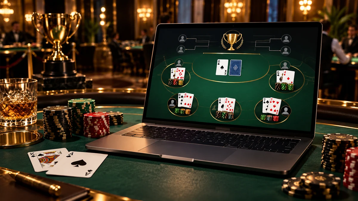 Laptop showing an online blackjack tournament in a luxury casino setting