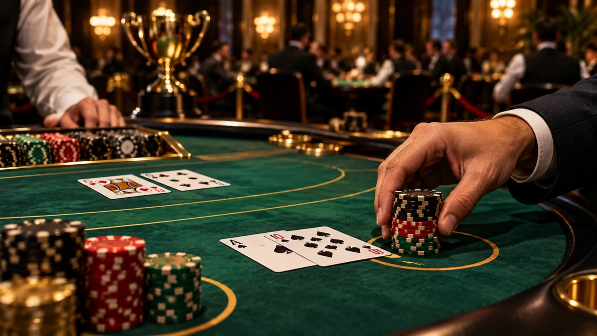 Player sizing a strategic blackjack tournament bet with chips on the table