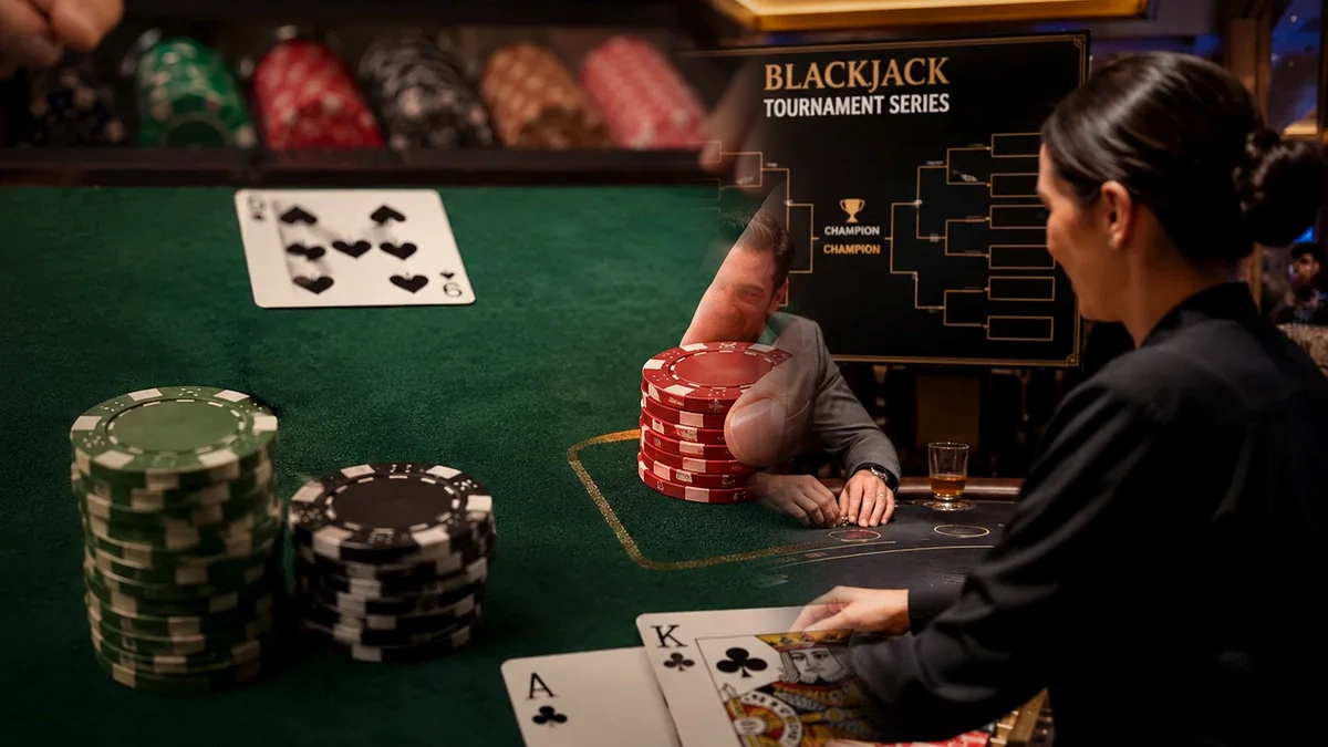Blackjack tournament table showing risky bets and pressure around common tournament mistakes