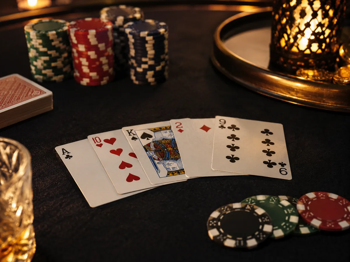 Close-up Pontoon card game scene with cards, chips and premium tabletop atmosphere