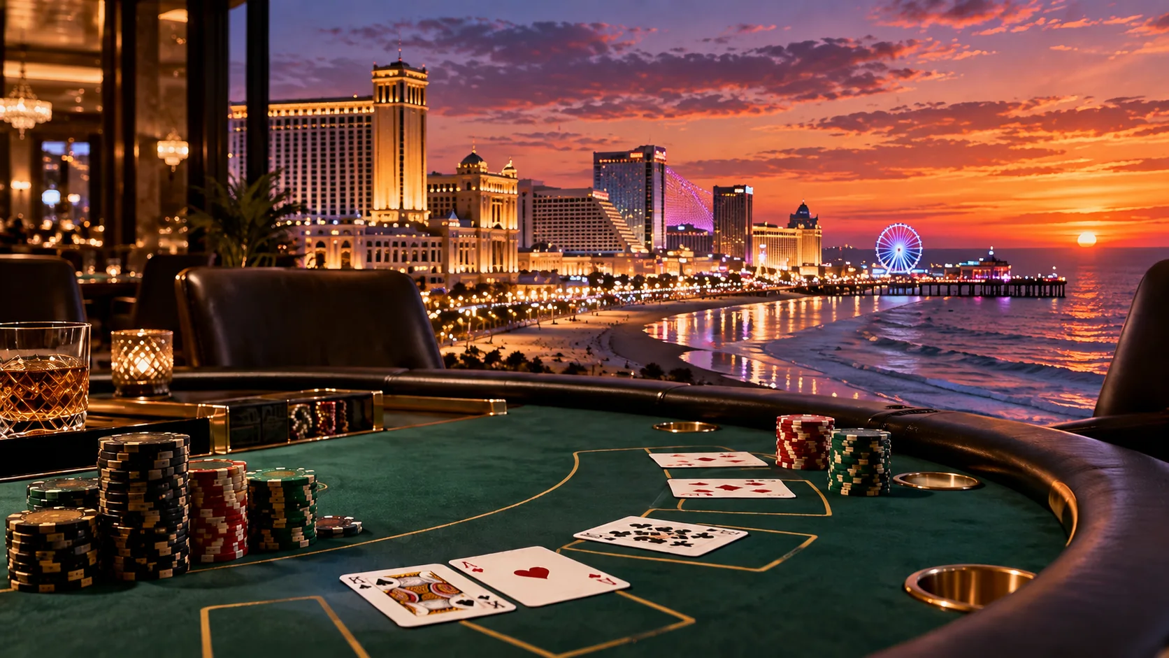 Atlantic City blackjack tournament setting overlooking the casino skyline and boardwalk at sunset.