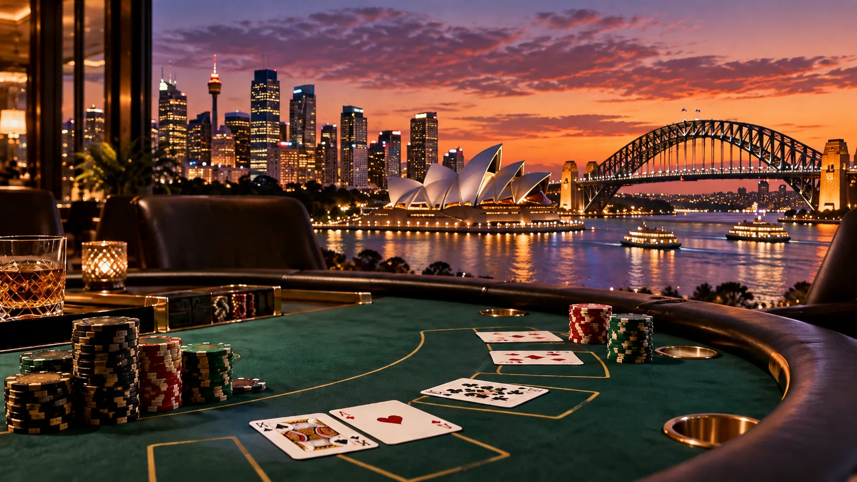 Australian blackjack tournament setting overlooking Sydney Harbour at sunset.