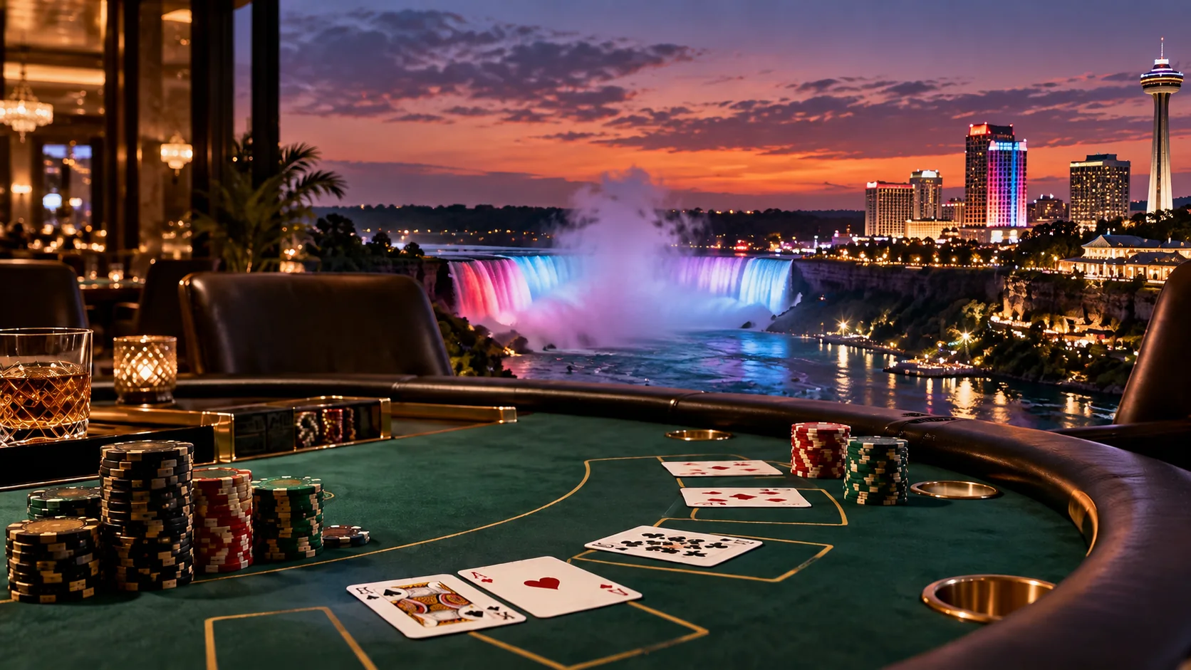 Canadian blackjack tournament setting overlooking illuminated Niagara Falls at night.
