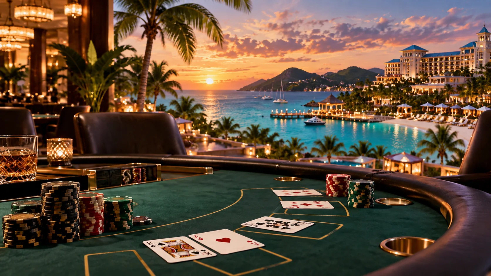 Caribbean blackjack tournament setting overlooking a tropical casino resort and bay at sunset.