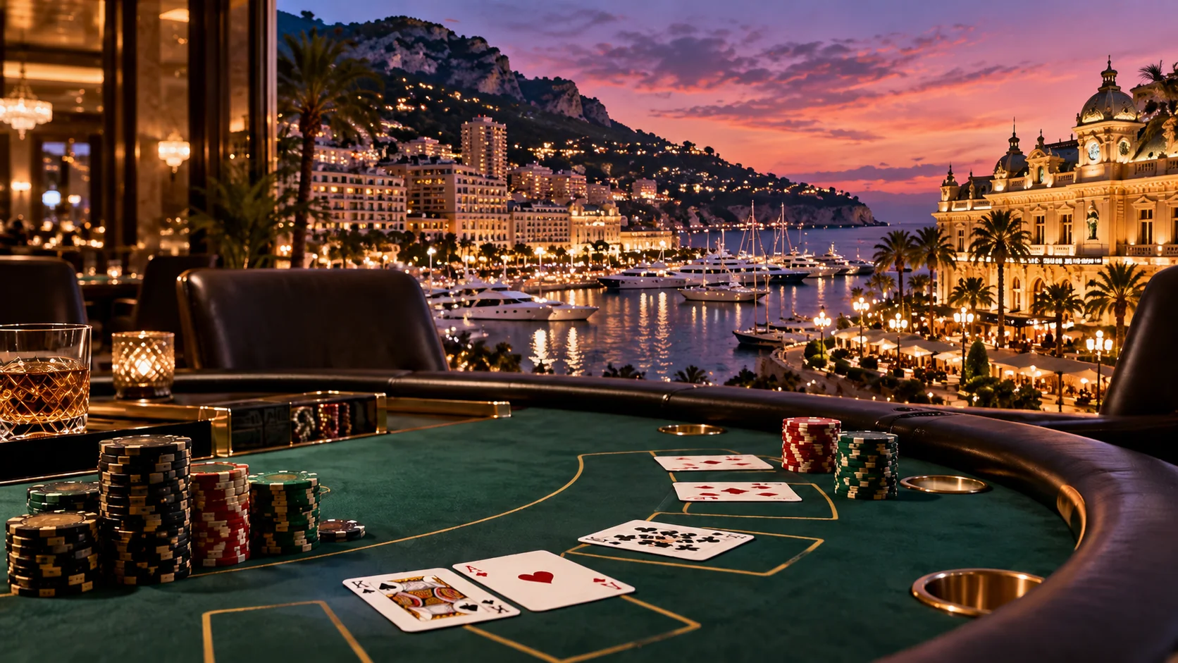 European blackjack tournament setting overlooking Monte Carlo and the Mediterranean at sunset.