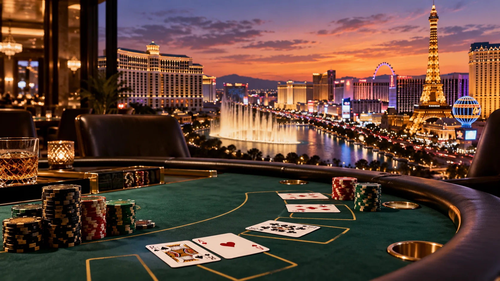 Las Vegas blackjack tournament setting overlooking the Las Vegas Strip at sunset.
