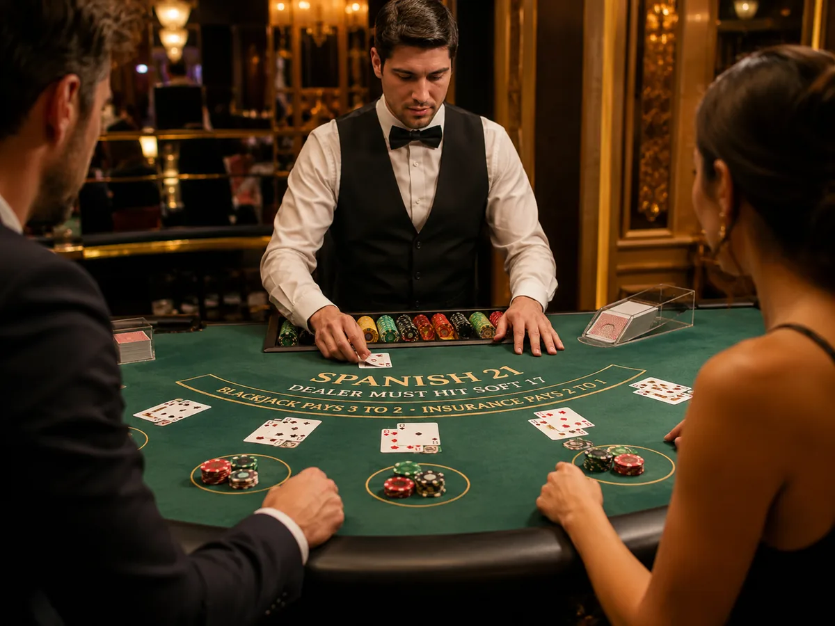 High-quality Spanish 21 casino table with dealer, players, cards and chips